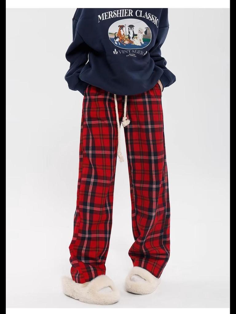 Женские брюки широкого кроя в красную клетку - повседневный осенне-зимний спортивный стиль