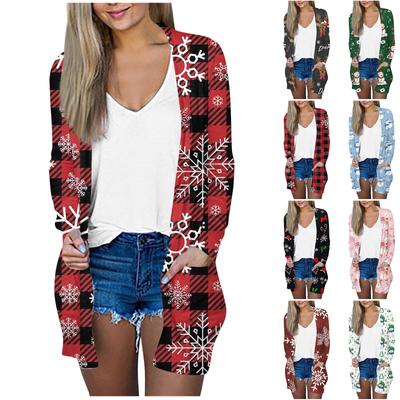 Женская мода, повседневный рождественский принт, кардиган средней длины, куртка, пальто