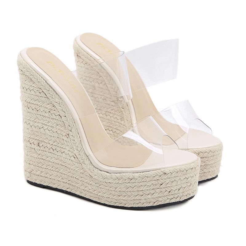 2024 2024 PVC Transparent Sandals Peep Toe Cane Straw Weave Platform Wedges Slippers for Women Clear High Heels Female Shoes
