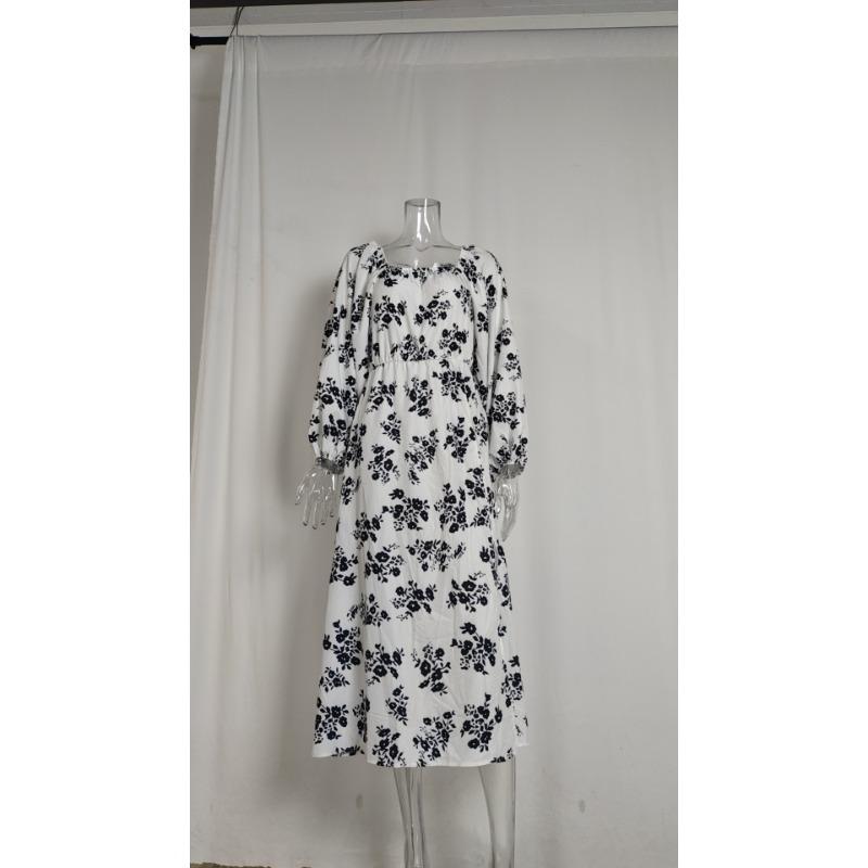 Весенние женские темпераментные элегантные платья с разрезом и рукавами-фонариками с принтом