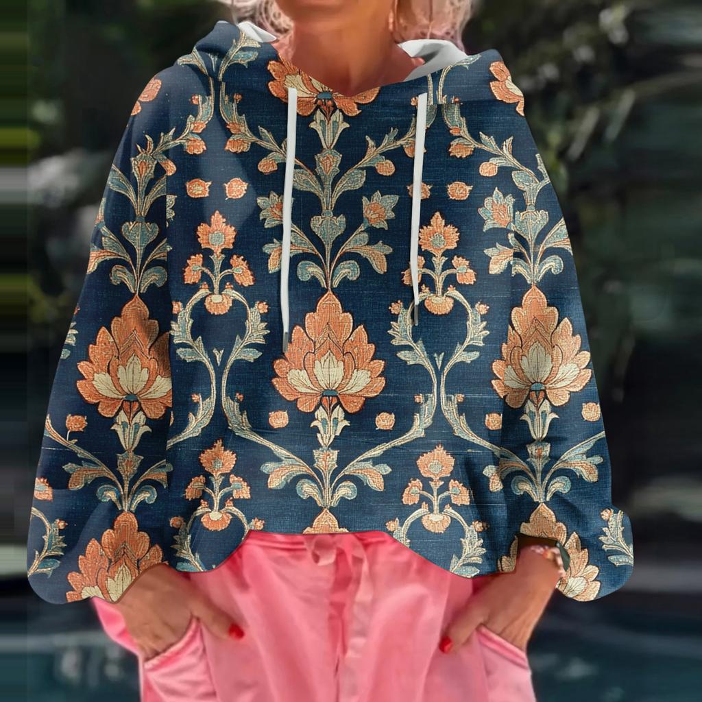 Женский худи свободного кроя с цветочным принтом и длинными рукавами
