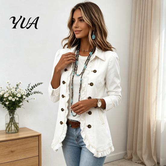 Turndown Collar Jackets Women Bohemia Floral Jacket, Ruffled Open Front Coat, Double Row Button Outerwear Slim Fit Casual Long Sleeve Outwear for Fall