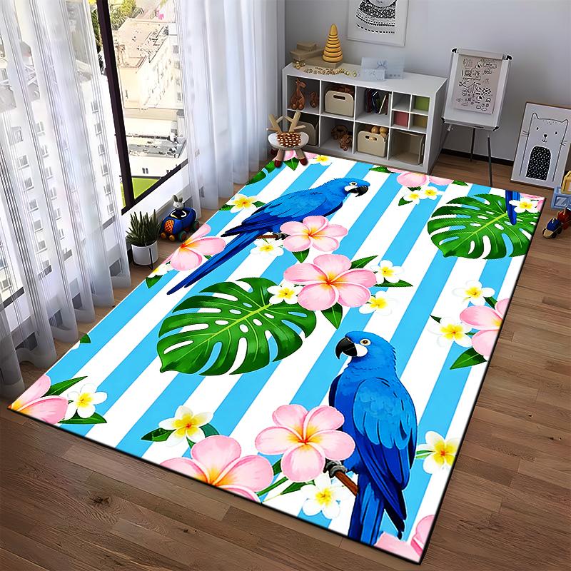 Blue Parrot Tropical Carpet with Flowers and Leaves, Striped Background Suitable for use as an anti-slip for living room bedroom sofas