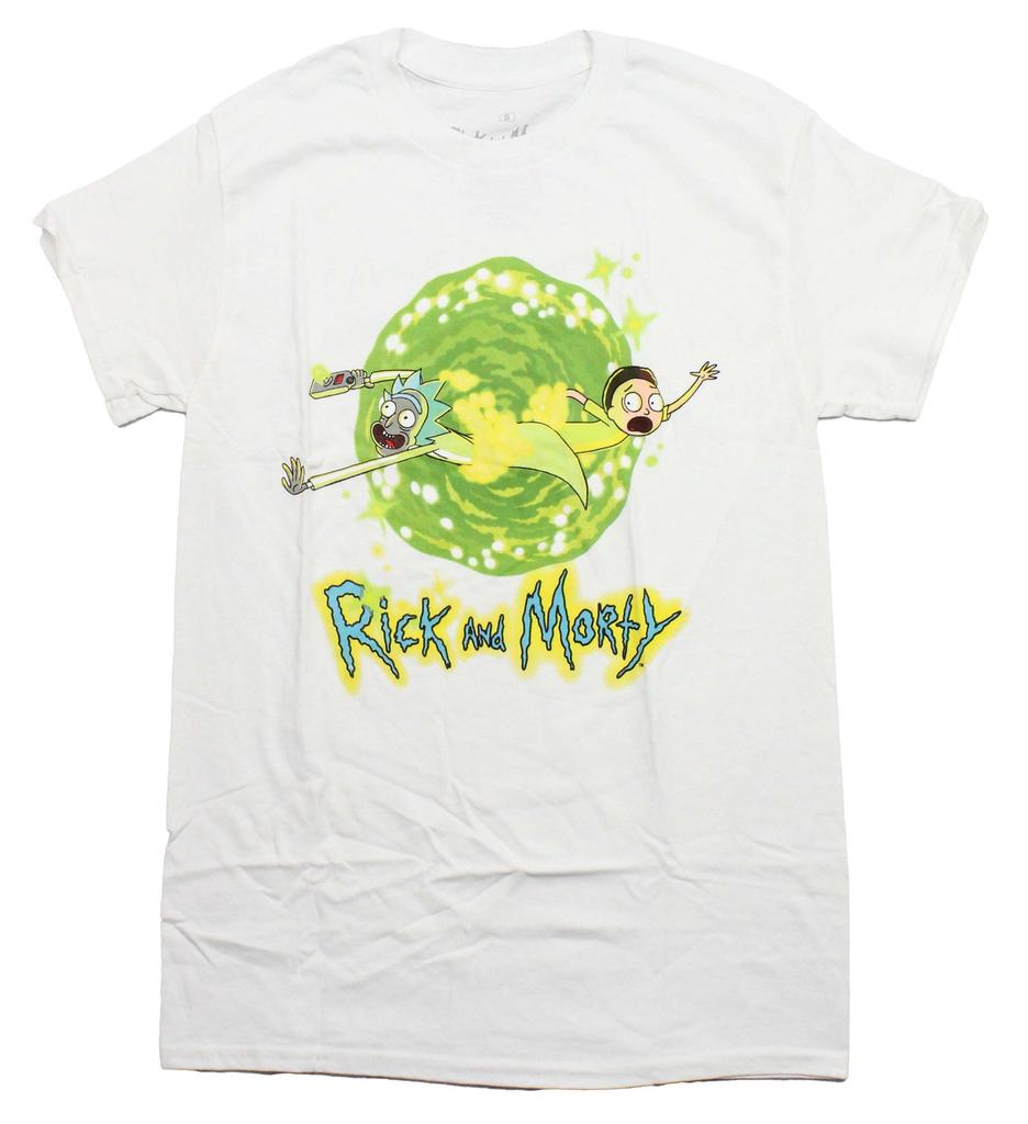 Rick and Morty New Adult T-Shirt In Front of Green Portal Image