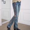 Women's Flared Jeans Floral Embroidered High Waisted Bell Bottom Jeans Micro Elastic Slim Denim Pants with Pockets