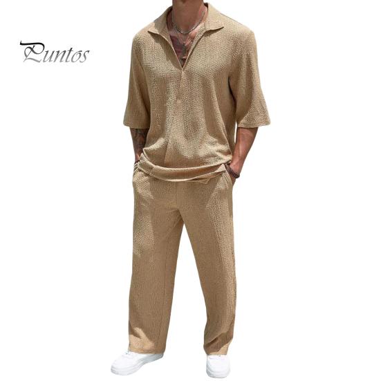 Мужской повседневный наряд из 2 шт./компл., топы с v-образным вырезом и лацканами и короткими рукавами, длинные брюки с широкими карманами, однотонный комплект для отдыха