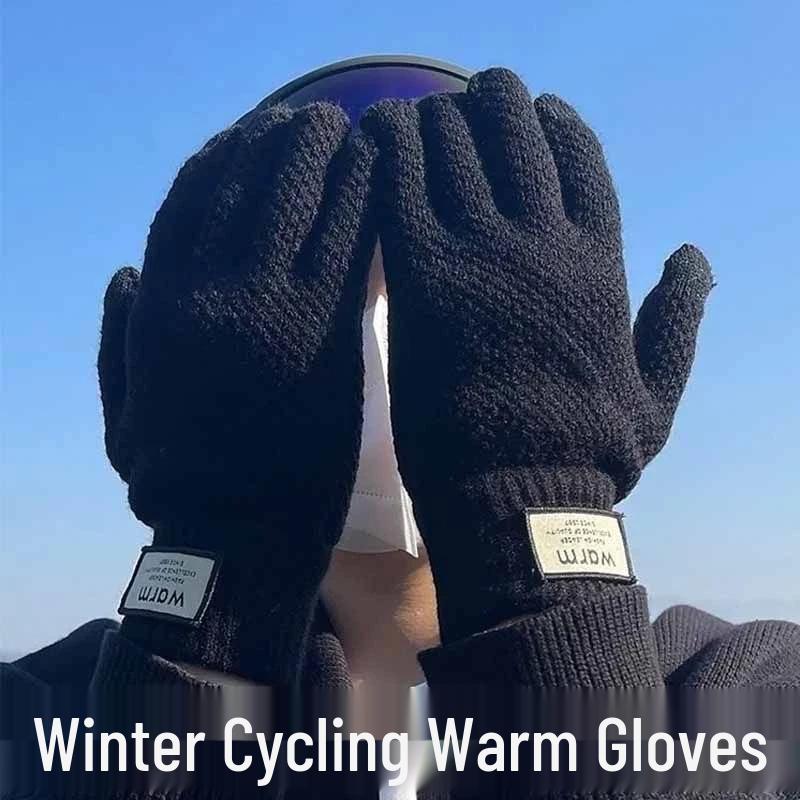 Men's and Women's Thickened Wool Touchscreen Gloves - Knitted, Velvet-Lined, Cold-Proof for Autumn and Winter Riding