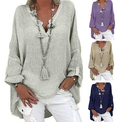 Женская рубашка с V-образным вырезом, длинным рукавом, средней длины, повседневные топы, однотонная свободная футболка из хлопка и льна, повседневная одежда