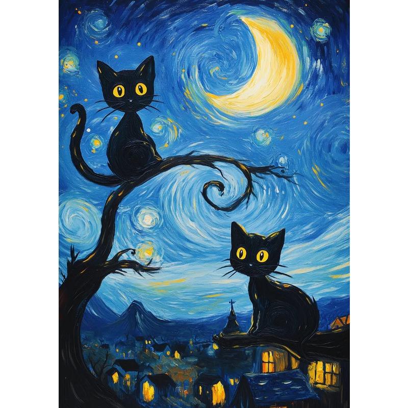 Черный кот под небом Серия «Звездная ночь» Тематическая печать на холсте Модные популярные цвета Фреска Студия Домашнее украшение Искусство Подарки