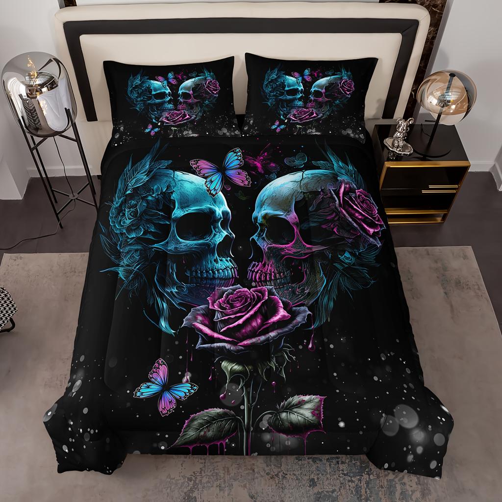 3pcs Skull Bedding Set Queen Size, Goth Bedding Sets Queen Skull Comforter Set, Rose Comforter Halloween Skull Cover