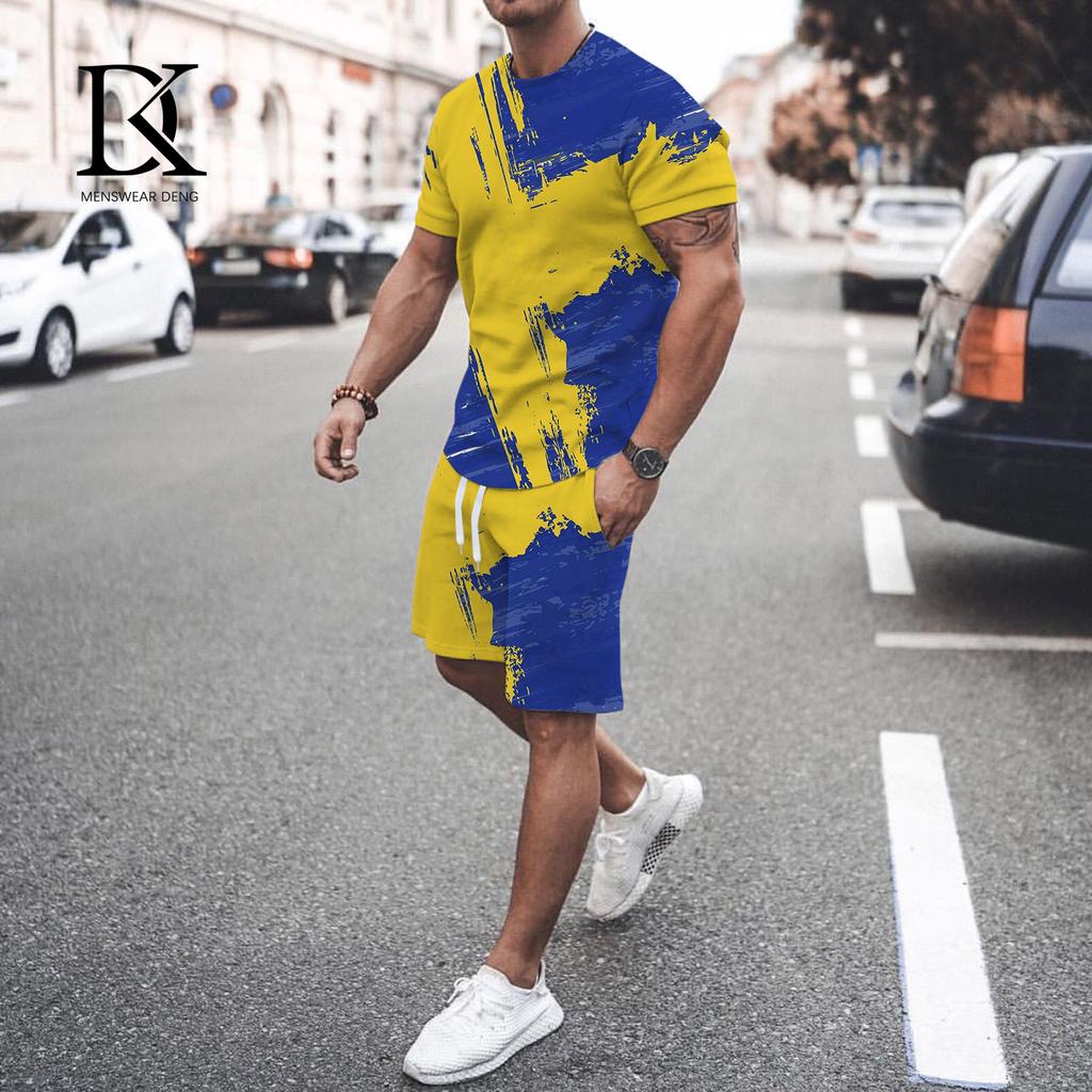 Летний мужской комплект футболок, черно-белый сетчатый 3D-принт, одежда большого размера, трендовый мужской спортивный костюм, футболка для фитнеса, шорты, комплект одежды