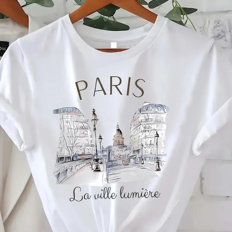 Винтажная элегантная футболка с коротким рукавом и круглым вырезом с принтом Paris Tower Top Высококачественная удобная минималистичная женская одежда