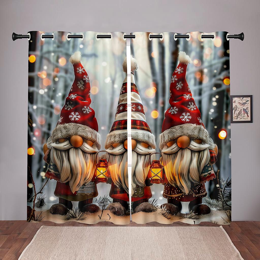 Christmas Gnome Curtains 2 Panels 3D Print Sun Block Winter Decor Bedroom Living Room Nordic Dwarf Lantern Snow Scene Holiday