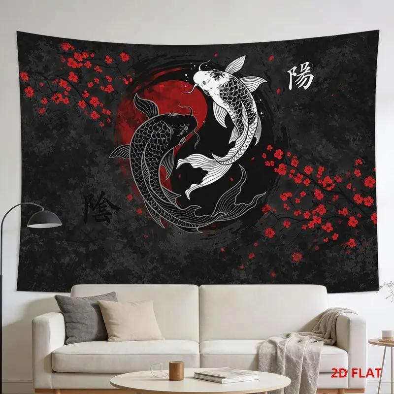 VIKAMA Japanese Yin Yang Koi Fish Tapestry Black Red Cherry Blossom Wall Hanging Asian Ink Art Bedroom Living Room Decor
