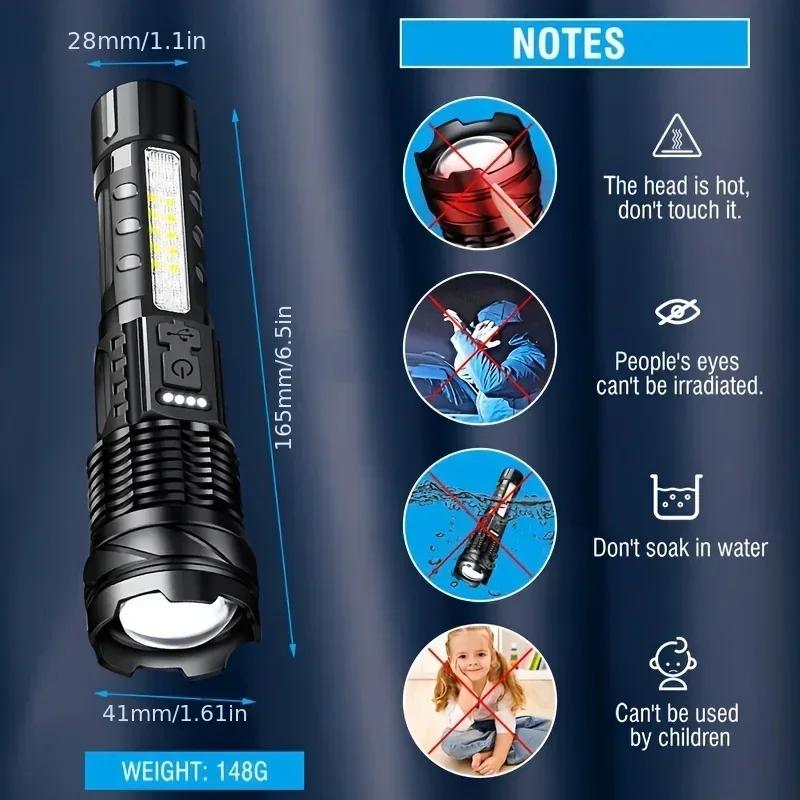 XHP50 LED Rechargeable Flashlight Zoomable Waterproof Torch with Side Light and Built-in Battery for Camping Hiking Fishing Outdoor