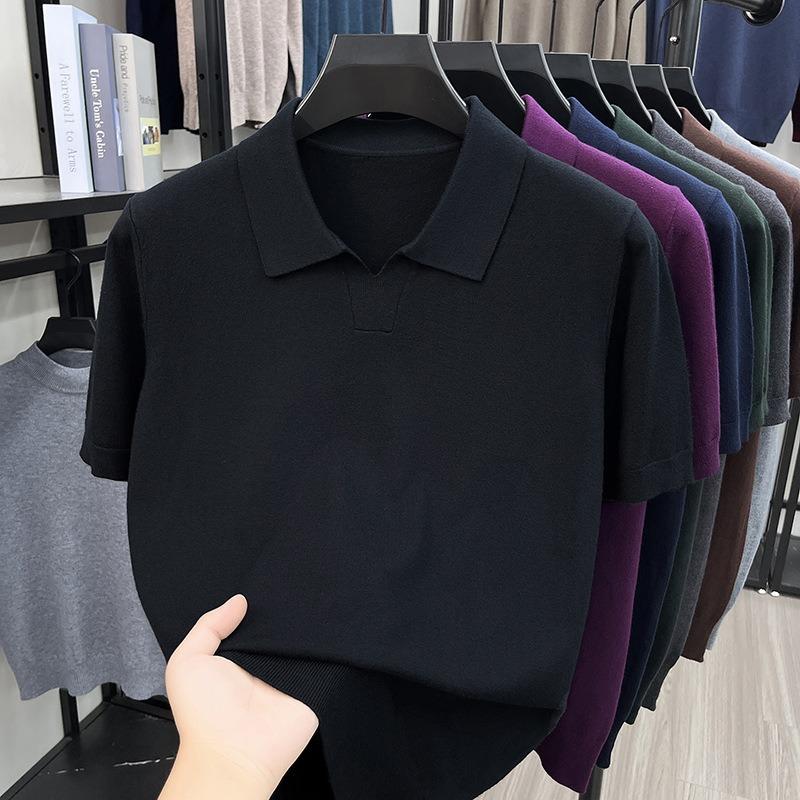Men S Short Sleeve Turn Down Collar Knit Sweater Thin Casual Top