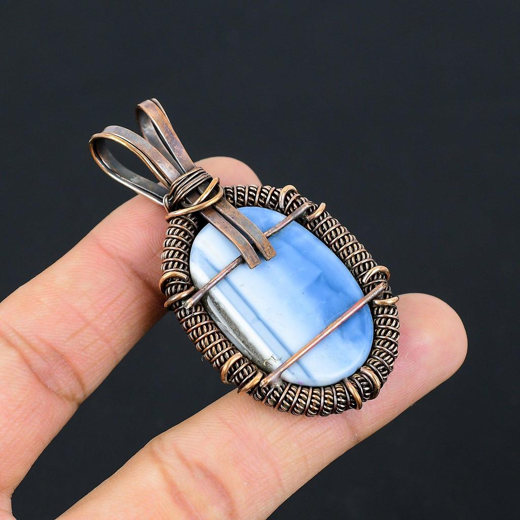 Owyhee Opal Gemstone Pure Copper Wire Wrapped Handmade Pendant Jewelry