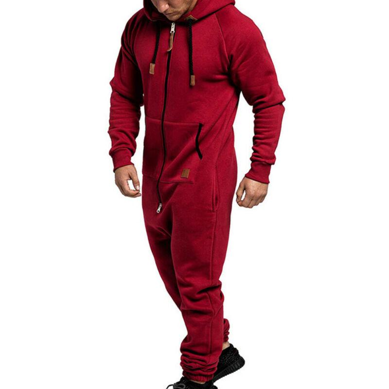 Zipped Up Men One Pieces Hooded Jumpsuit Solid Color Long Sleeve Winter Warm Casual Tracksuit