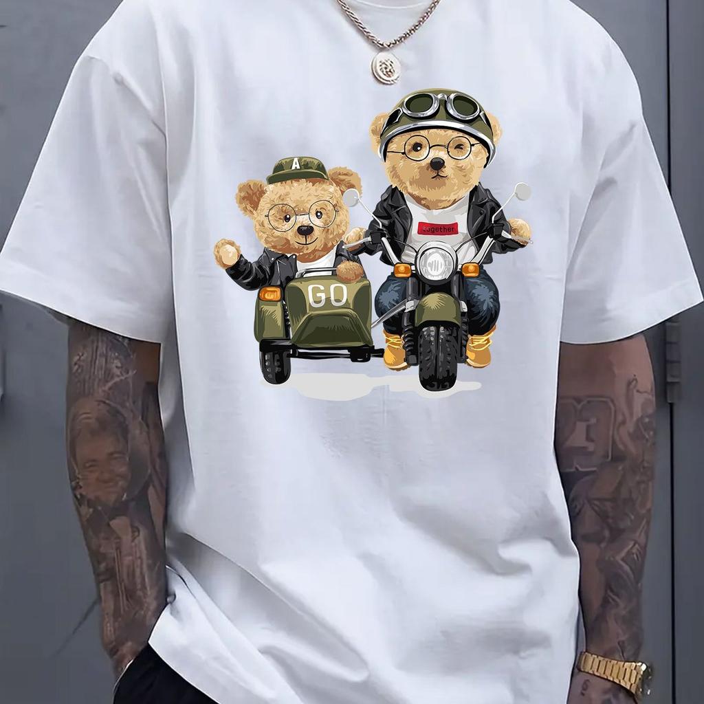 Летние мужские футболки из 100% хлопка, модные, повседневные, спортивные, свободного кроя, с принтом мультяшного медведя, с круглым вырезом и короткими рукавами