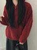 Korean Red Lambswool Brushed Half-Zip Hooded Knit Pullover Sweater for Women - Autumn/Winter Fashion.