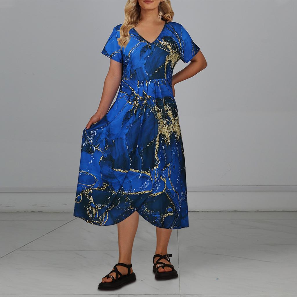 Женское повседневное большое длинное платье с v-образным вырезом и молнией с короткими рукавами и вставками с принтом