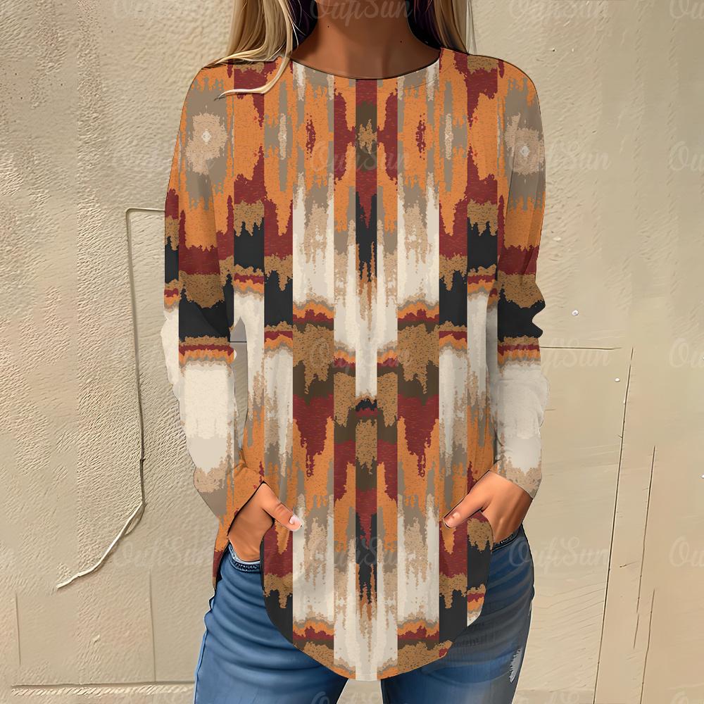 Irregular Color Blocks Pattern Print Women's T-shirts Autumn Casual Cotton Long Sleeves Tees Tops Female Clothing Streetwear