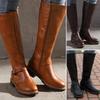 Women Knee Calf High Boots Winter Ladies Chunky Heel Wide Leg Flat Zip Up Shoes