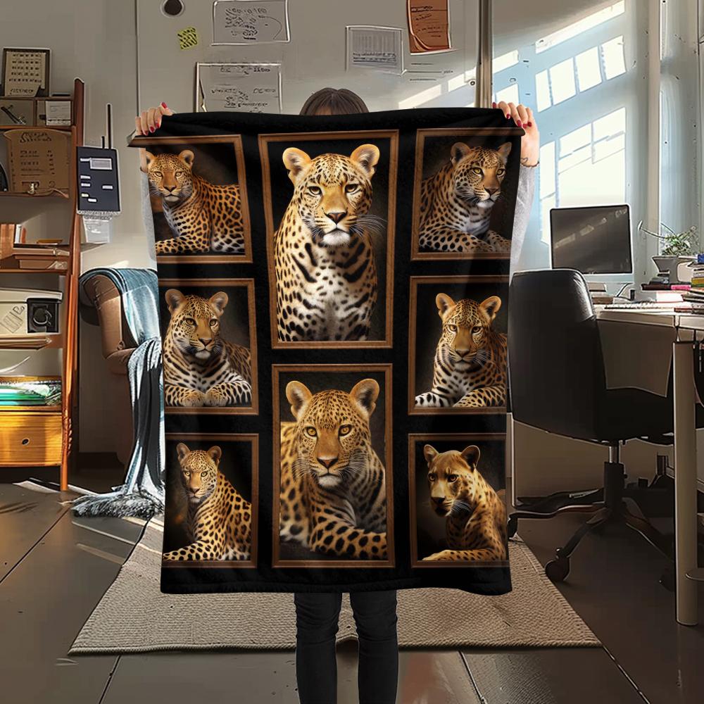 1Pc Lepoard Puzzle Print Flannel Blanket, High quality Comfortable for All Seasons, Home Decor, Warmth and Comfort, Perfect for Christmas Gifts