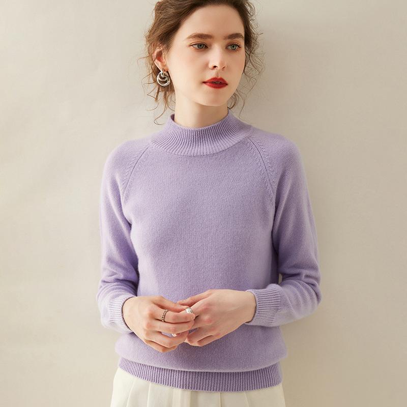 Women's 100% Pure Cashmere Soft Knit Sweater, Half-High Neck, Loose, Skin-Friendly, Slimming Base Layer