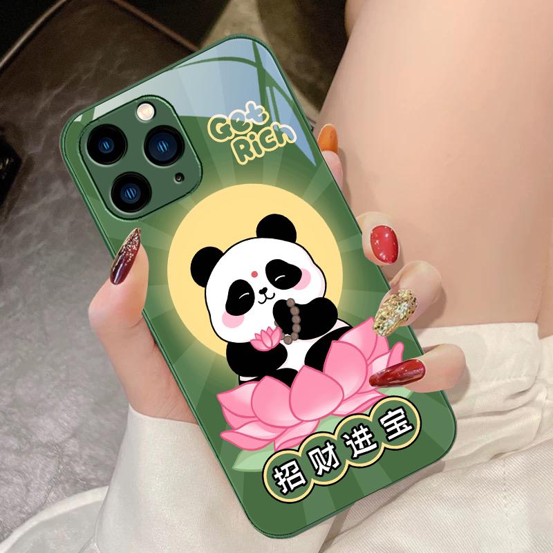 Чехол для телефона из закаленного стекла Сидящая панда лотос для iPhone 16 Pro Max 15 Pro 14 13 12 Mini 11 XS Max XR 7 8 Plus SE 2022