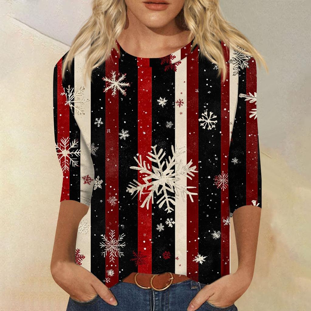 Women's Fashion Casual Seven Sleeve Christmas Printed Round Neck Top