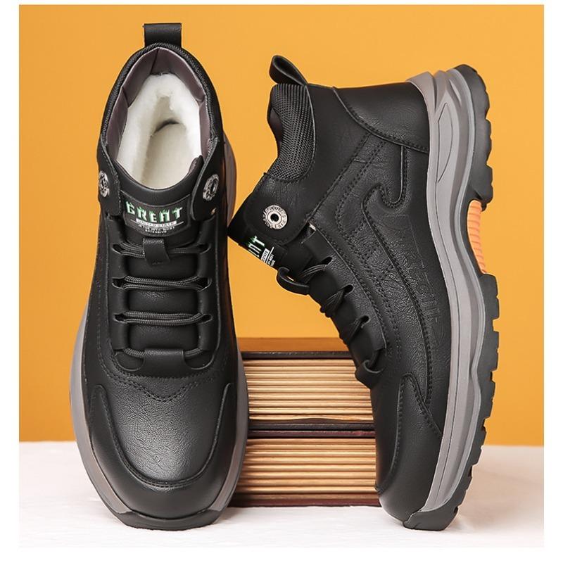 Кожаные походные туфли на меховой подкладке для мужчин. Нескользящие теплые кроссовки на флисовой подкладке. Мужские зимние высокие деловые ботинки. Рабочие ботильоны для мужчин.