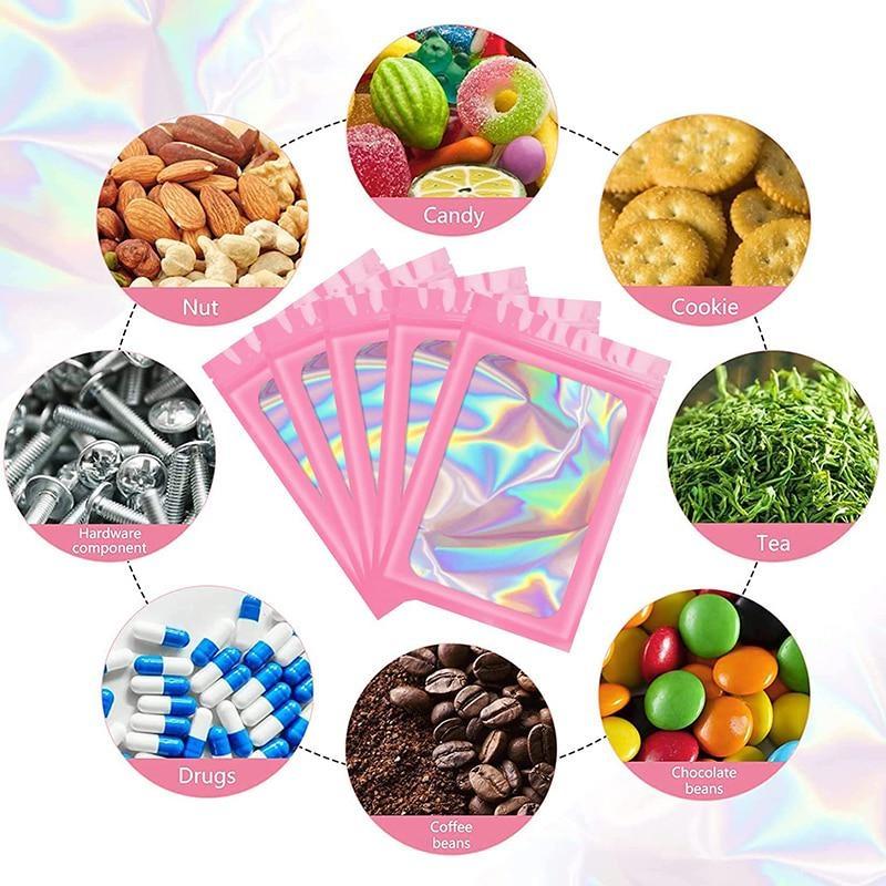 100 шт., толстые майларовые сумки с защитой от запаха, голографическая лазерная цветная пластиковая упаковка, сумка для хранения ювелирных изделий, подарочная сумка на молнии