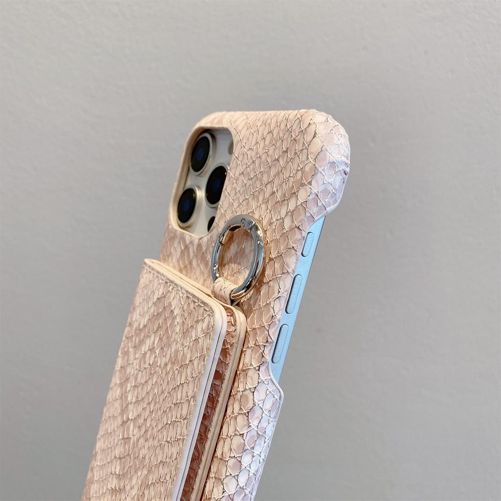 For iPhone 15 Pro Case Card Holder Mirror Snake Texture PU+PC Back Cover with Lanyard