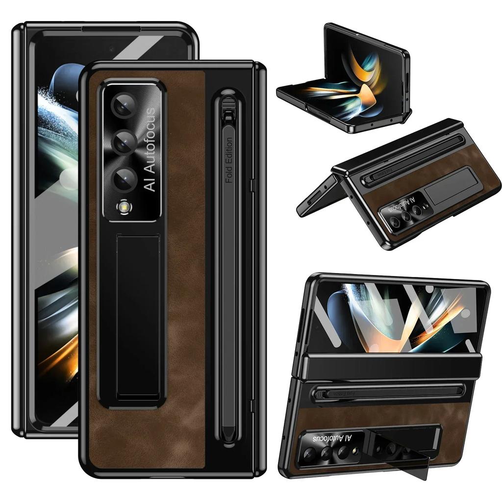 Luxury Leather Bracket Pen Slot with Stylus Case for Samsung Galaxy Z Fold 6 5 4 Retro Style Count Hinge Seismic Protect Cover