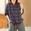 Women's Spring and Summer Loose Retro Comfortable Ethnic Style Short-sleeved T-shirt Plaid Color Collision Hooded Tops