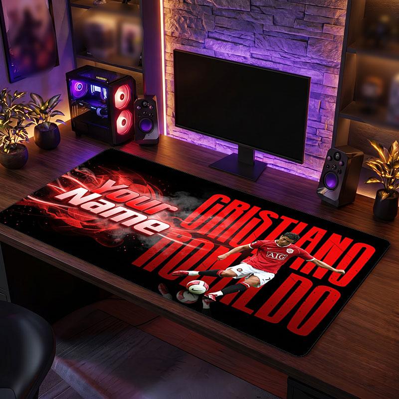 Cristiano Ronaldo Custom Large Mouse Pad, Personalized Name Text Print, Football Logo Non‑Slip Desk Mat Gaming Gift