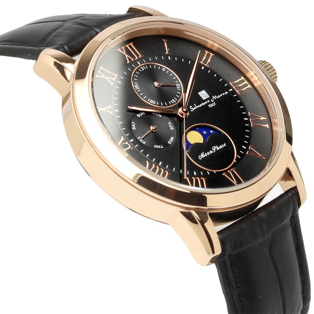 Watch Moon Phase Multi Calendar 5 ATM Water Resistant Business Formal Leather Belt Limited Model Black Pink Gold [Salvatore Mara] Men's SM21106-PGBK