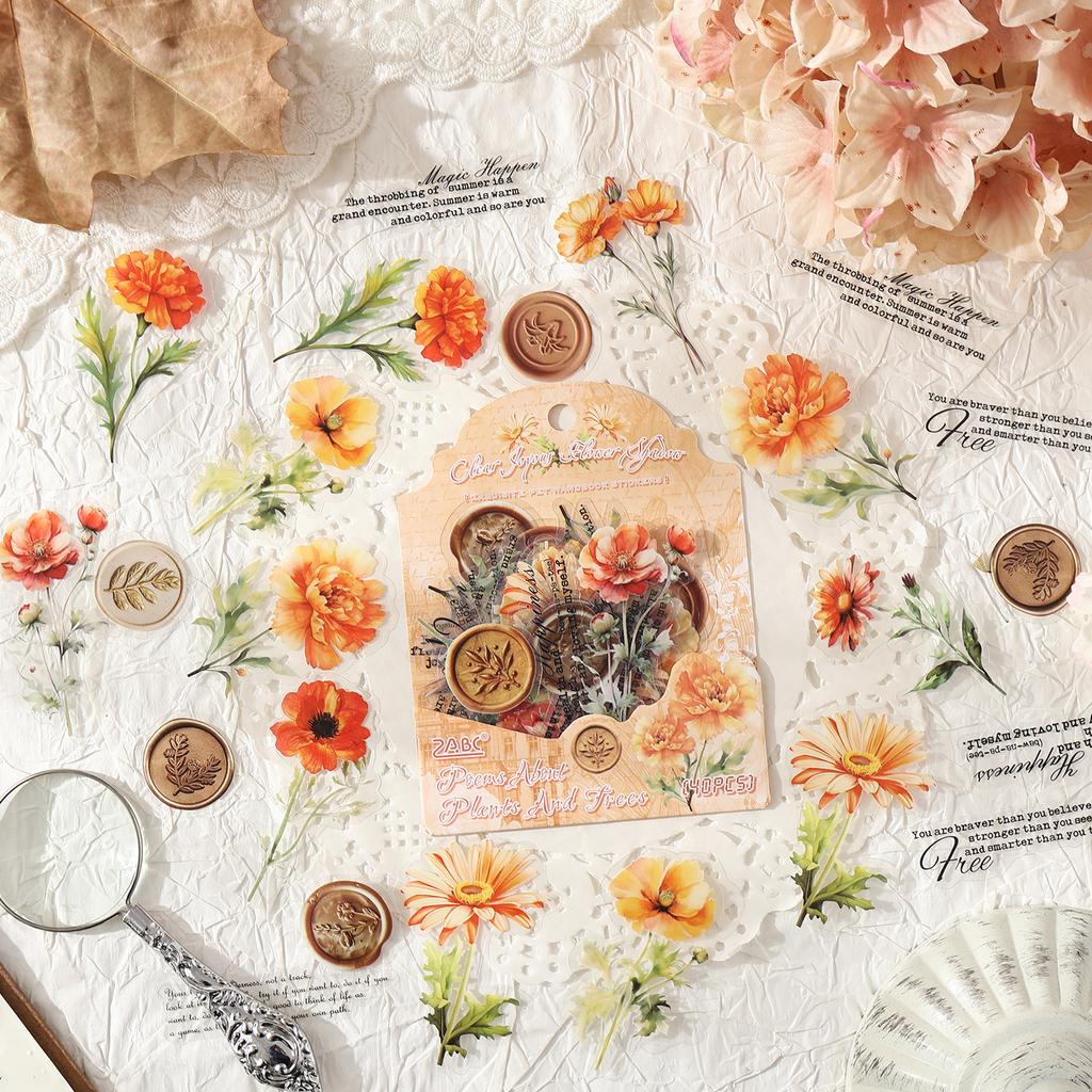 JIAMEI 40pcs Creative Flower Aesthetics Waterproof PET Stickers DIY Diary Scrapbook Decor Journal Supplies