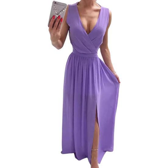 Женское вечернее платье с V-образным вырезом без рукавов, плиссированное подол с разрезом, тонкая талия, длина до пола, сплошной цвет, свадебное коктейльное платье для выпускного вечера, макси-платье
