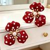Faux Pearl Accent Flower Stud Earrings Black Polka Dot Gold Tone Edging Perfect BFF Gift for Female Friends