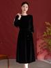 Elegant Retro Silk Velvet Midi Dress - Women's Tie Waist, Long Sleeve, Mulberry Silk for Autumn/Winter