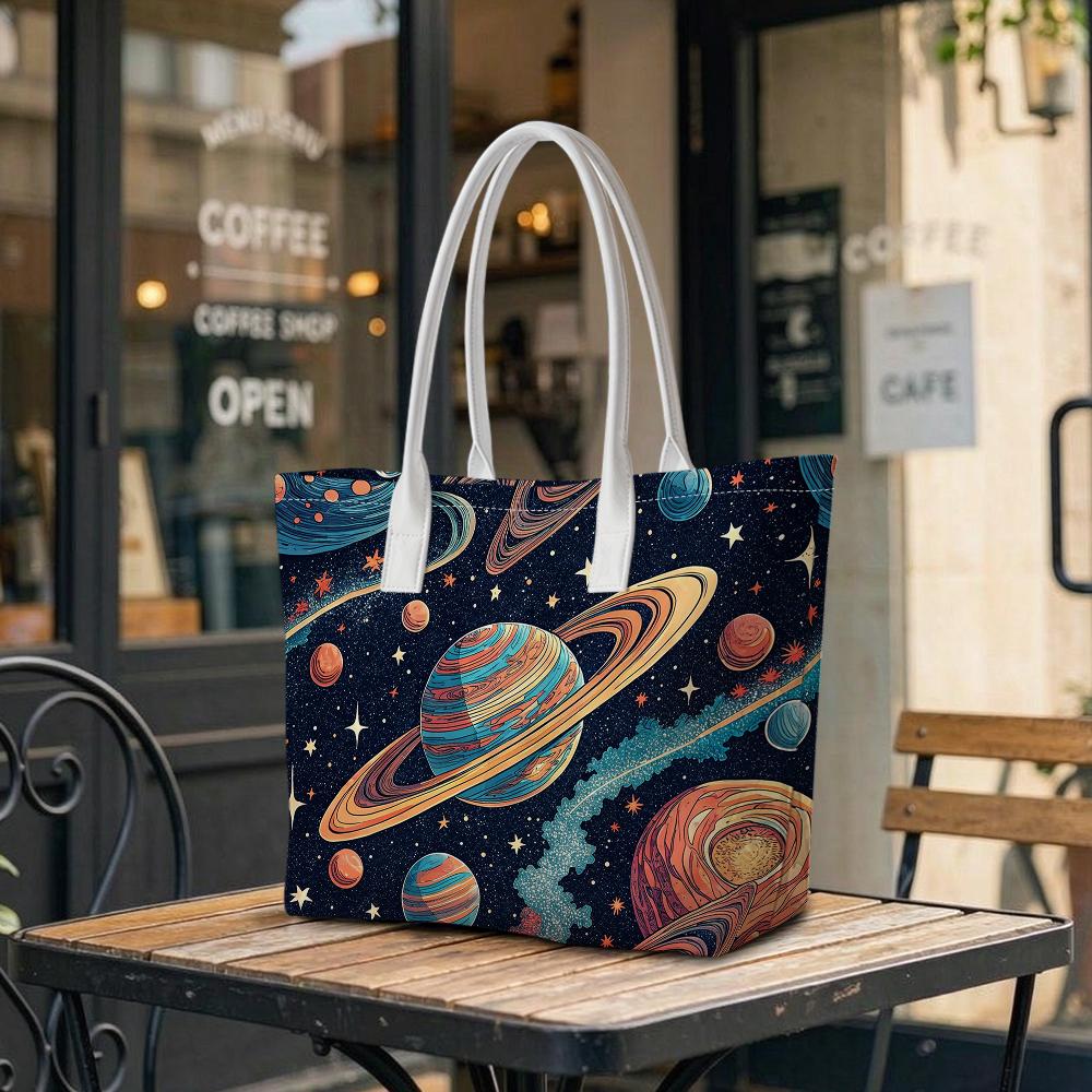 Galaxy Planet Print Tote Bag Fashion Casual Large Capacity Daily Shopping Portable Top Handle Shoulder Bag