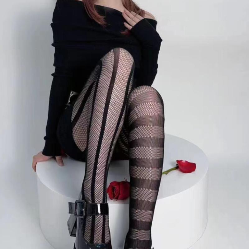 Pantyhose Asymmetric Womens Tights Stripe High Elasticity Lace Hollow Fishnet Sexy Stockings Classic Ladies Gothic Pantyhose