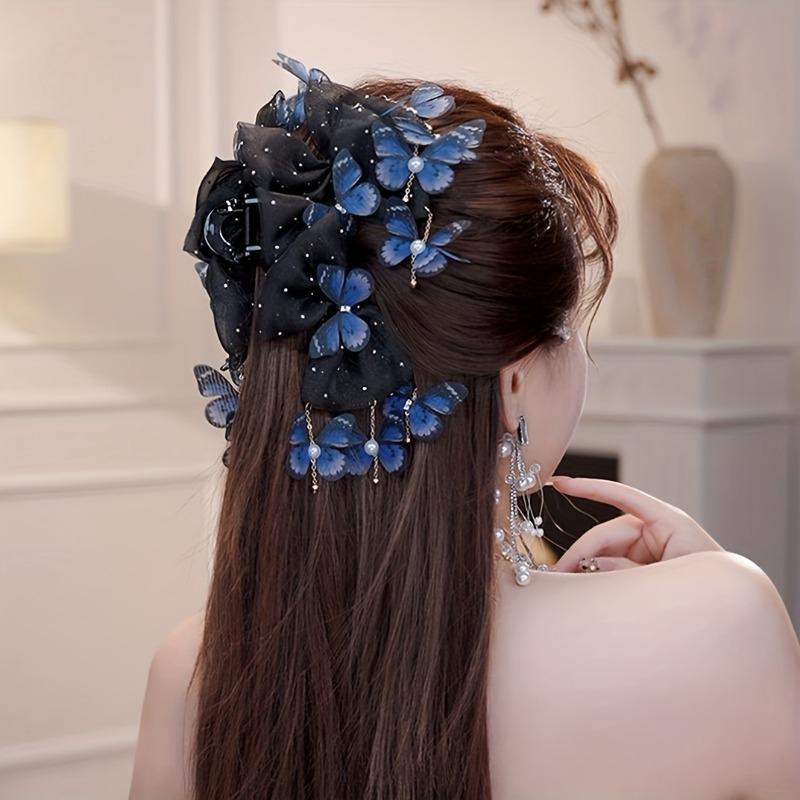 Elegant Butterfly Acrylic Hair Clip, large size with tassel and color block design, sweet trendy style, perfect for hairstyling and Valentine's Day.