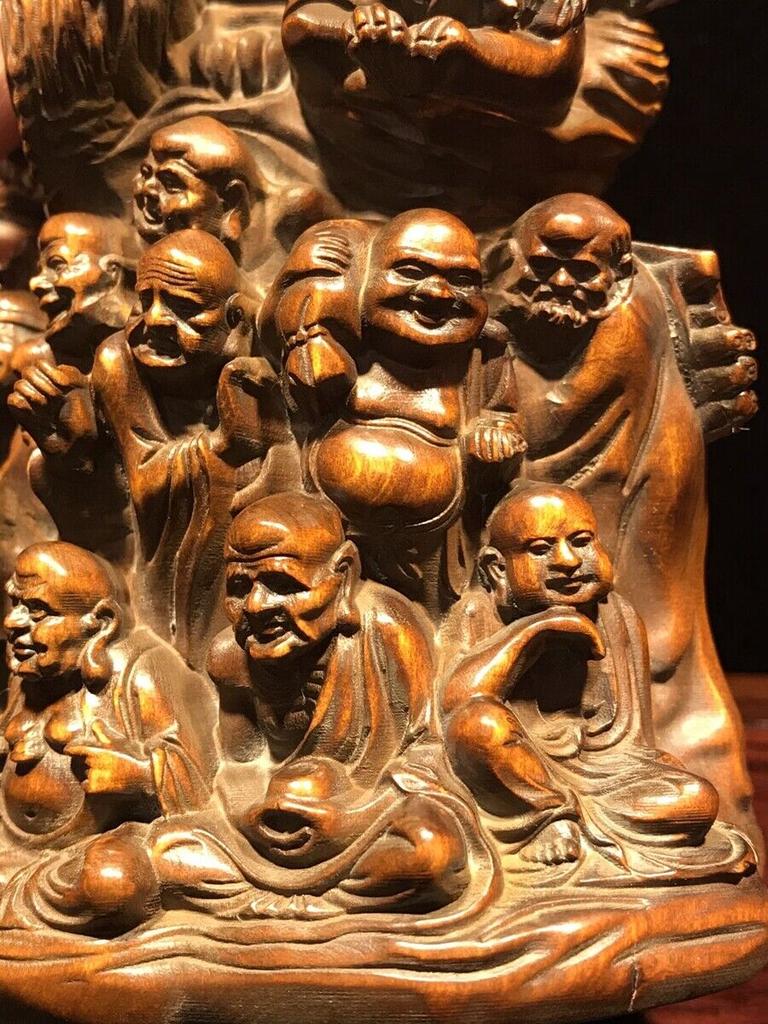 Vintage Antique Wooden Buddha Statue Wood Carved Arhat 18 Buddhist Saints Decor