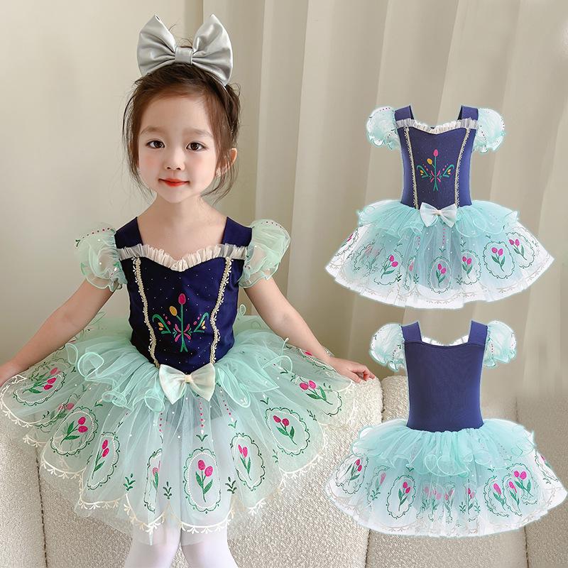 Girls' Ballet Dance Costume - Hidden Button, Open Crotch, Cross-Border Printed Mesh Dress for Performances, Princess Anna Style.