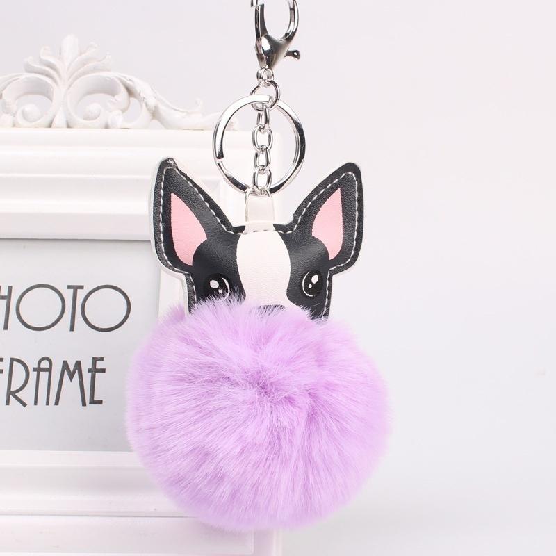 Fashion Fluffy Rabbit Fur Ball French Bulldog Keychain Pompom Key Chain PU Leather Animal Dog Keyring Holder Bag Charm Trinket Chaveiros