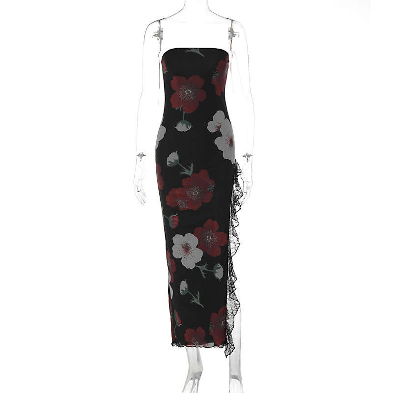 Wrapped Chest Summer Slit Dress Printed Lace Bra Skirt Women's Clothing Backless