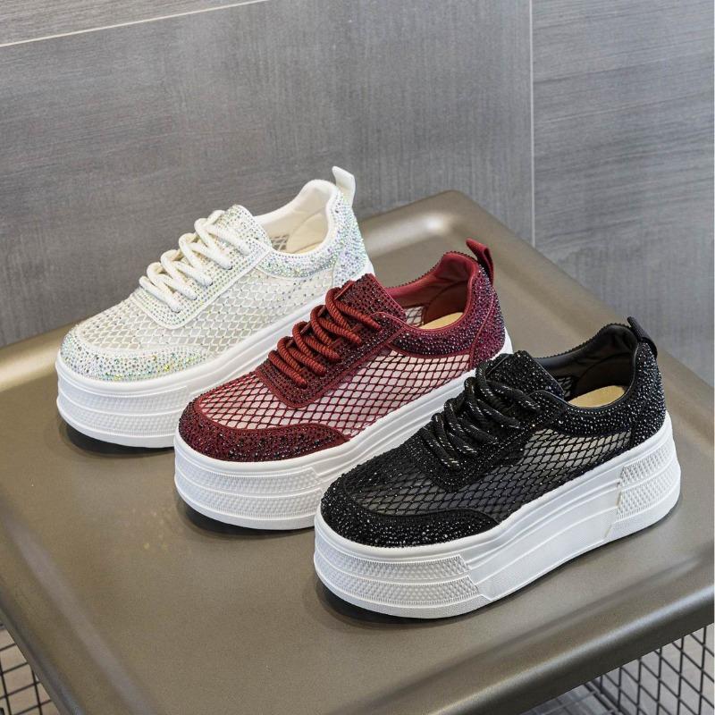 New Mesh Breathable Little White Shoes Women's Thick-soled, Lightweight and Versatile Small Casual Rhinestone Muffin Shoes